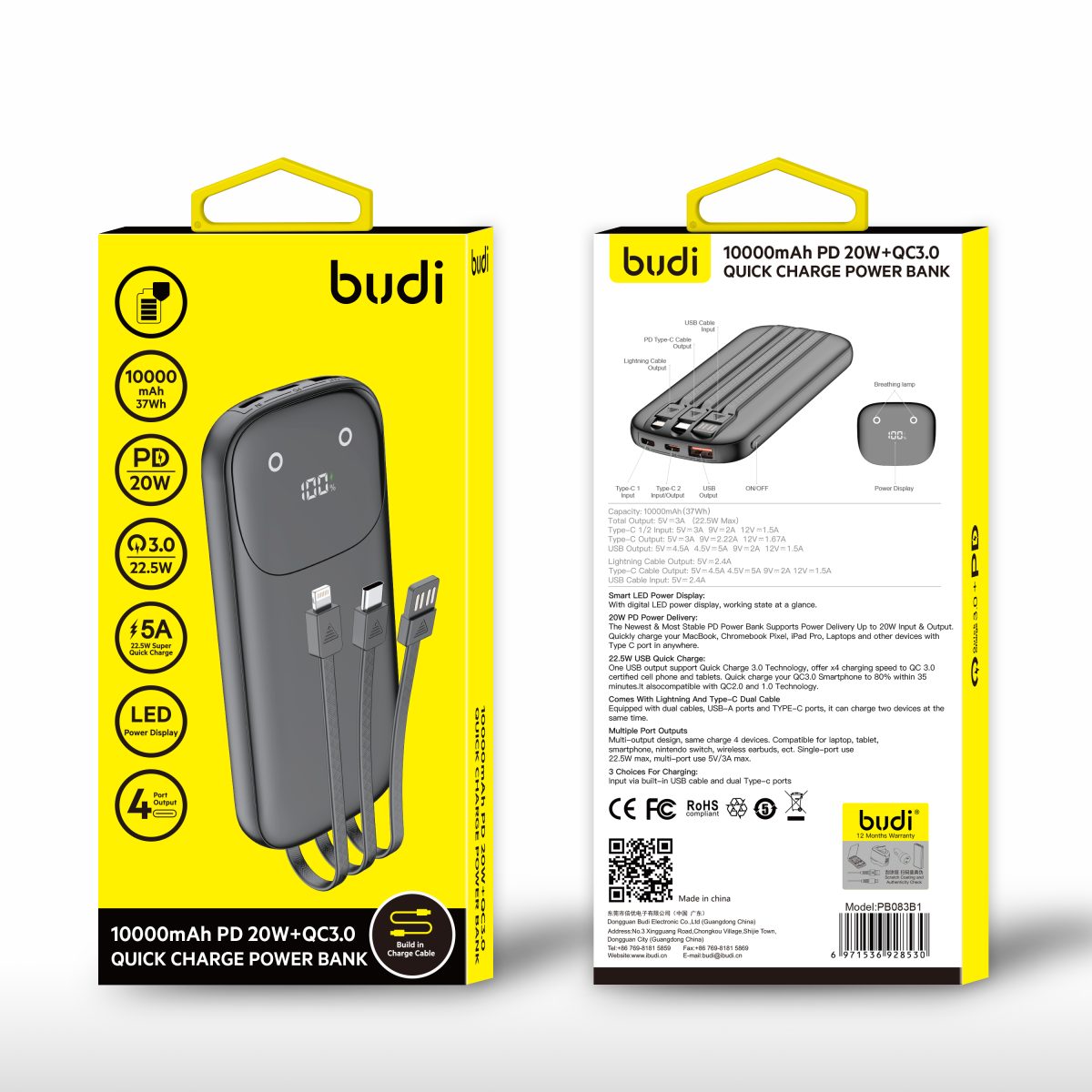 power bank 10,000 MAH with 3 ports lines and lighting screen