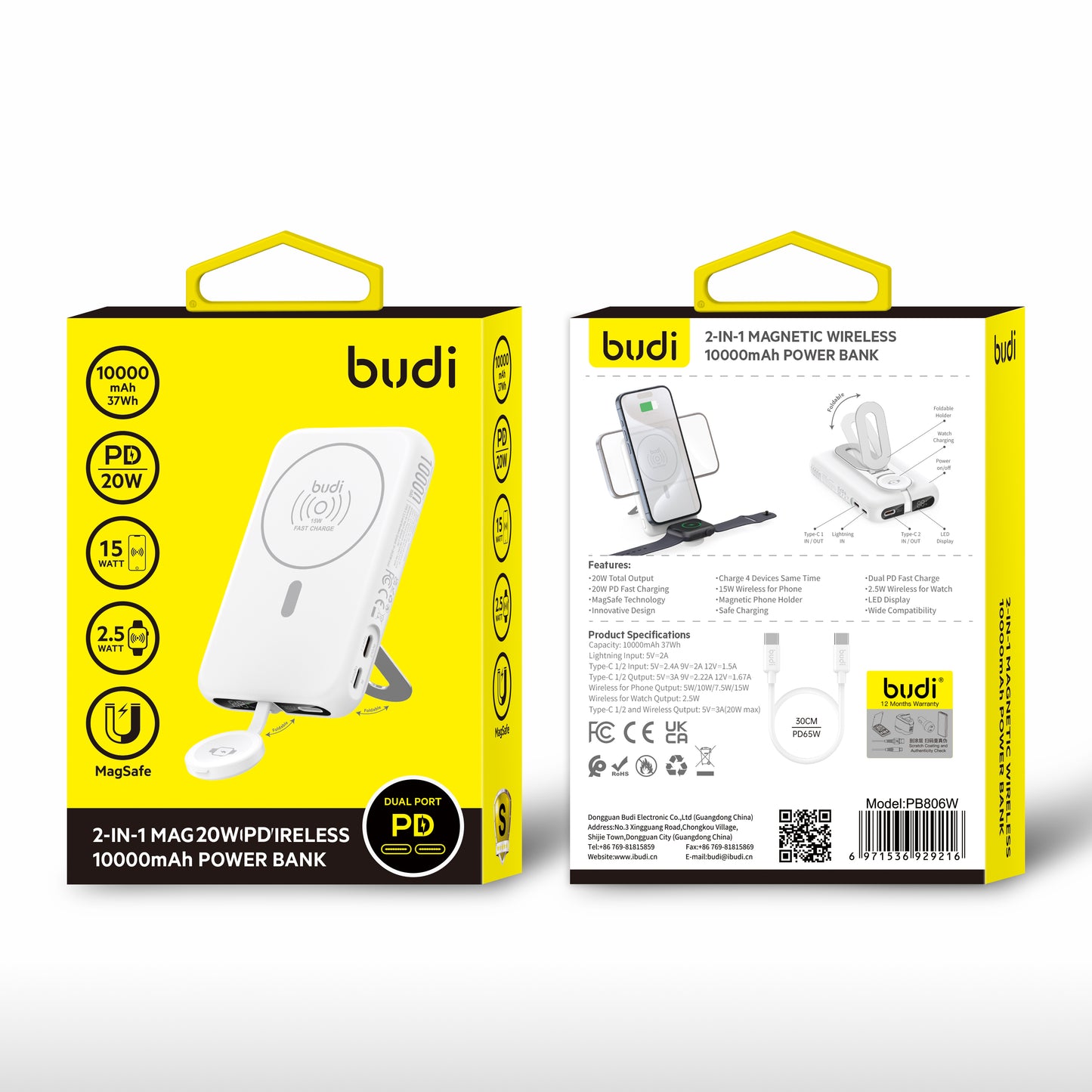 Budi 2-in-1 magnetische draadloze 10000mAh powerbank, Smartwatch wireless Powerbank