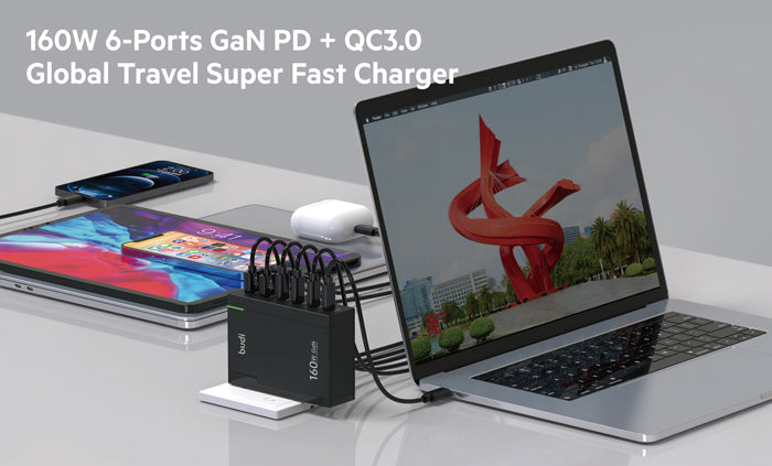 160W 6-Ports Gan PD + QC3.0 Global Travel Super Fast Charger