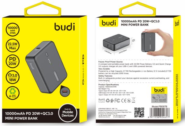 Budi Mini mobiele powerbank 10000mAh, 20W PD+QC 3.0