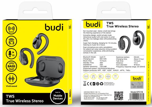 Budi Bluetooth Wireless Headphones True Wireless Stereo, Model: EP21